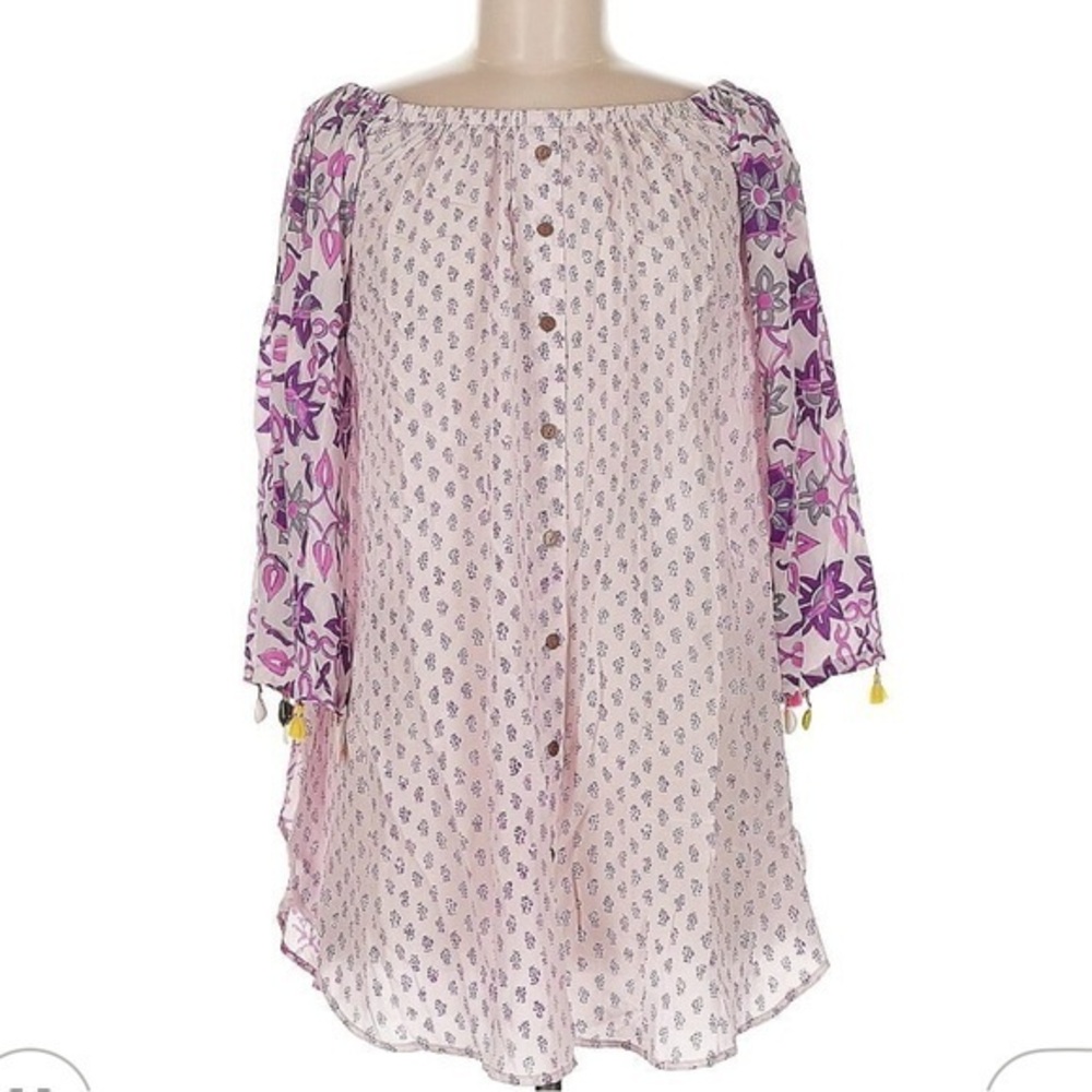 Anupamaa Purple Floral 100% Silk Boho Tassel Tunic Top Coquette Kawaii Dress
